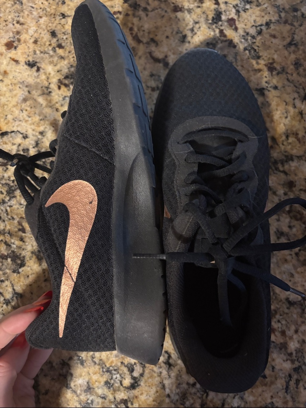 Nike Women's Black Running Sneakers with Metallic Rose Swoosh